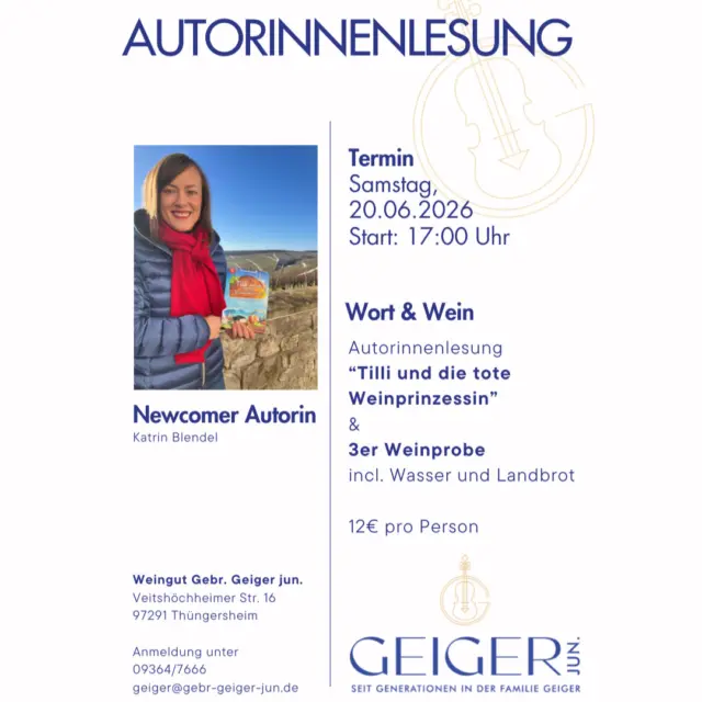 Wort & Wein 📕🥂🍾

Wenn Worte auf Wein treffen, entsteht ein ganz besonderer Genussmoment:

Autorinnenlesung – Newcomer Autorin: Katrin Blendel

Termin: 20.06.2026 
Start 17:00 Uhr im Weingut

Autorinnenlesung mit 3er Weinprobe 
(incl. Wasser und Landbrot) 
12€ pro Person

Anmeldung telefonisch unter 09364/7666 , per Mail an: geiger@gebr-geiger-jun.de oder per Nachricht.

Tilli und die Tote Weinprinzessin 
| Ein charmanter Regiokrimi

Als die Weinprinzessin tot aufgefunden wird, wittert Reporterin Tilli die Story ihres Lebens - und stolpert mitten hinein in ein mörderisches Spiel. Band 1 der aufregenden Cosy Crime Reihe mit Herz, Humor und fränkischen Charme.

In Erbach an der Mainschleife herrscht Aufruhr: Die Favoritin für das Amt der Weinprinzessin liegt tot im Straßengraben - und plötzlich steckt das idyllische Dorf mitten in einem Verbrechen. Ottilie „Tilli" Korniak, Wirtstochter wider Willen und Lokalreporterin auf Bewährung, wittert ihre große Chance auf eine heiße Story: Wenn sie die Wahrheit in dem Fall ans Licht bringt, ist ihr die Festanstellung beim Kitzinger Tagblatt sicher. Zwischen Stammtischgerüchten, eifersüchtigen Prinzessinnen-Anwärterinnen und jeder Menge fränkischem Dorfklatsch stolpert Tilli zusammen mit dem jungen Polizisten Kilian Hals über Kopf in einen Fall, der gefährlicher wird, als ihr lieb ist - und das nicht nur für ihre Karriere.

#lesung #wein #silvanerheimat #thüngersheim #weinprobe